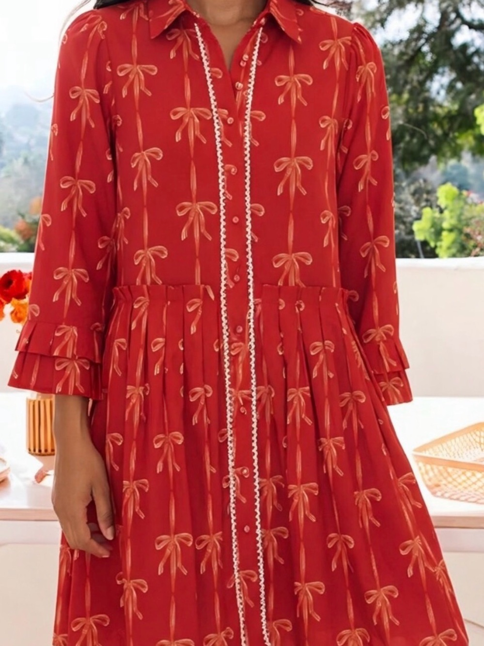 Ivy City Co Red Bow-Print Long Sleeve Midi Dress